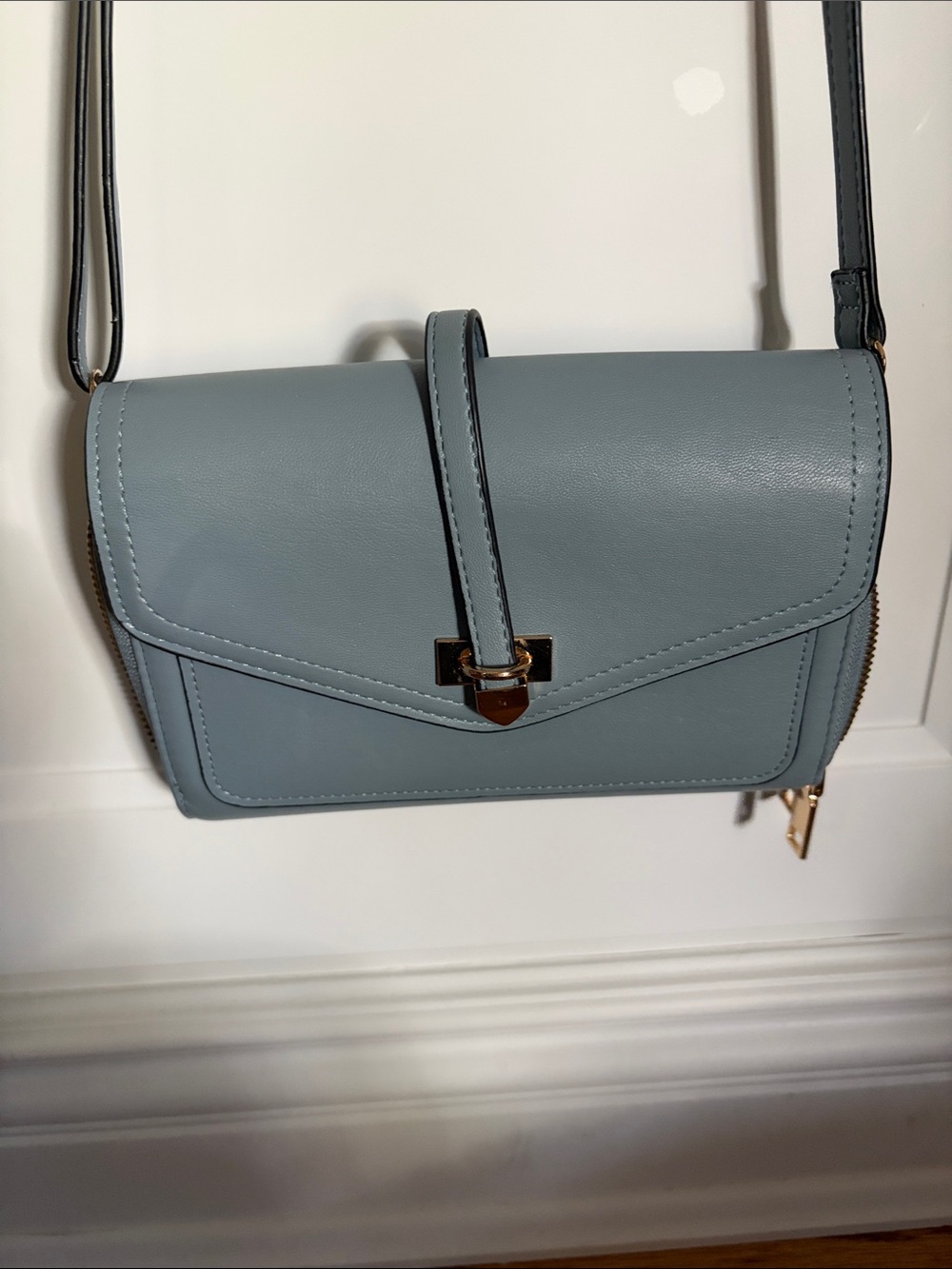 Structured Dusty Blue Crossbody Bag with Gold Accent